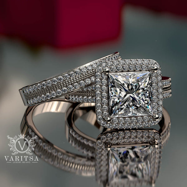 3.93ct Princess Cut Diamond Double Halo Gold Bridal Set - 02US87
